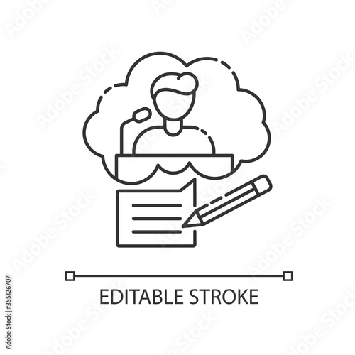 Speechwriting pixel perfect linear icon. Message for press conference. Interview and journalism. Thin line customizable illustration. Contour symbol. Vector isolated outline drawing. Editable stroke