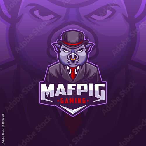 Pig Esport Mascot Logo Design. Illustration Of Pig Mafia Esport Logo Design