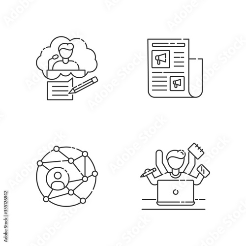 Publication pixel perfect linear icons set. Speech writing. Promotion in newspaper. Global networking. Customizable thin line contour symbols. Isolated vector outline illustrations. Editable stroke