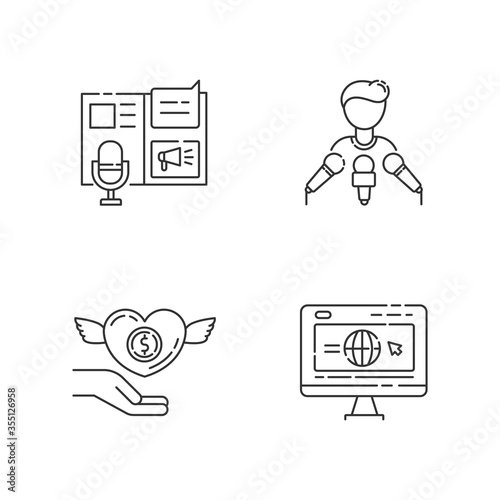 Public relation pixel perfect linear icons set. Advertorial press release. Spokesperson with microphones. Customizable thin line contour symbols. Isolated vector outline illustrations. Editable stroke