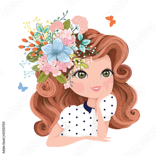 Pretty girl with flowers vector illustration.