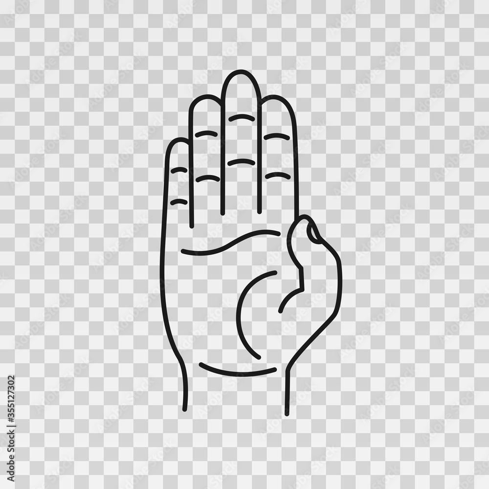 Obraz premium Hand drawn stop signal gesture isolated on transparent background. Palm and the hand. Sketch. Vector illustration.