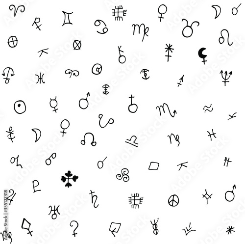 Vector pattern of astronomical and alchemical signs, symbols of planets, zodiac signs and asteroids. Black icons on a white background. Hand-drawn. Illustration in the Doodle style.