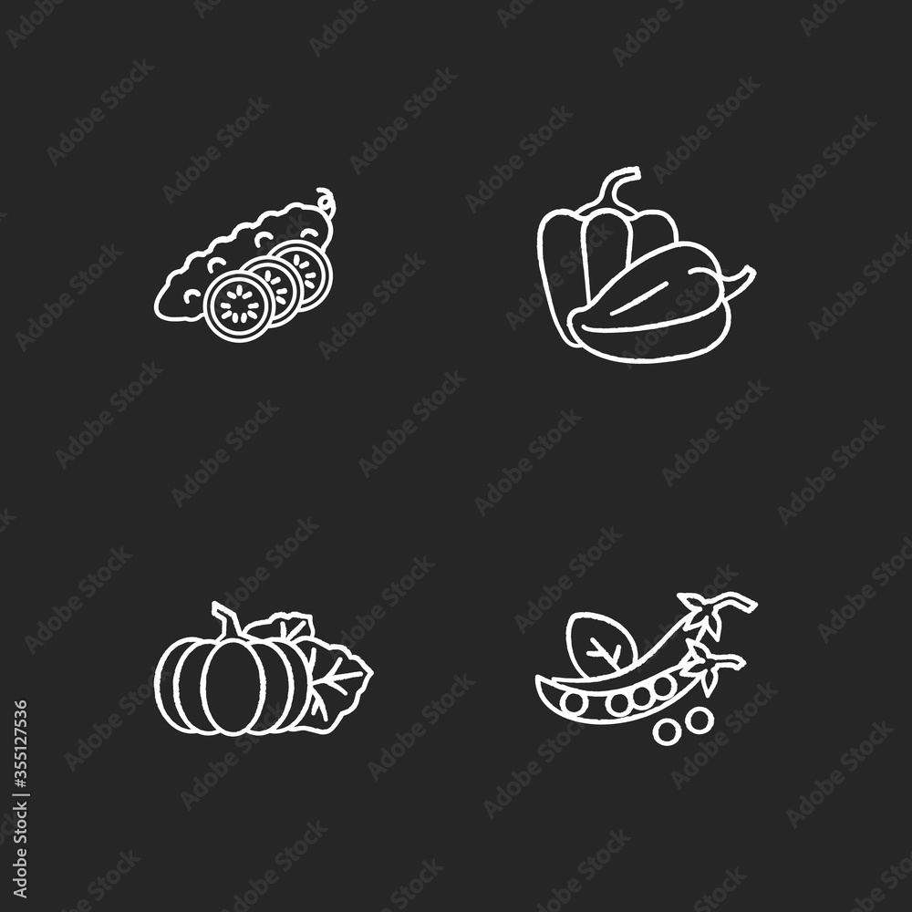 Salad ingredient chalk white icons set on black background. Whole cucumber with slices. Bulgarian peppers. Raw vegetables for cooking. Veggies for dieting. Isolated vector chalkboard illustrations Salad ingredient chalk white icons set on black background. Whole cucumber with slices. Bulgarian peppers. Raw vegetables for cooking. Veggies for dieting. Isolated vector chalkboard illustrations