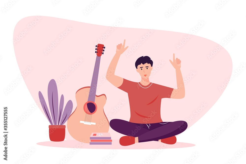 Young musician with guitar sitting on the floor listening to music. Vector illustration.