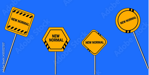 a set of new normal signs with a blue sky background