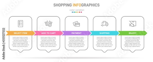 Concept of shopping process with 5 successive steps. Five colorful graphic elements. Timeline design for brochure, presentation, web site. Infographic design layout.