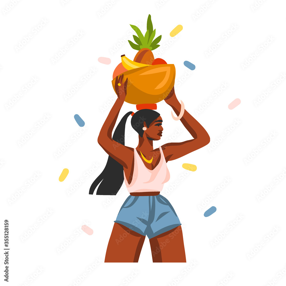Fototapeta Hand drawn vector abstract stock graphic illustration with young happy black afro american beauty female, carries a basket of fruit on his head isolated on white background