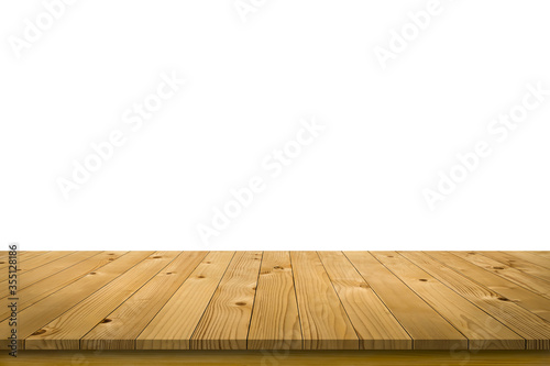 Empty perspective brown old plank wooden board mock up display as shelf or tabletop for representation product with isolated white space background.