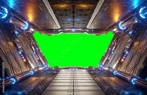 Fototapeta Naklejka Na Ścianę i Meble -  Orange and blue futuristic spaceship interior with green window 3d rendering