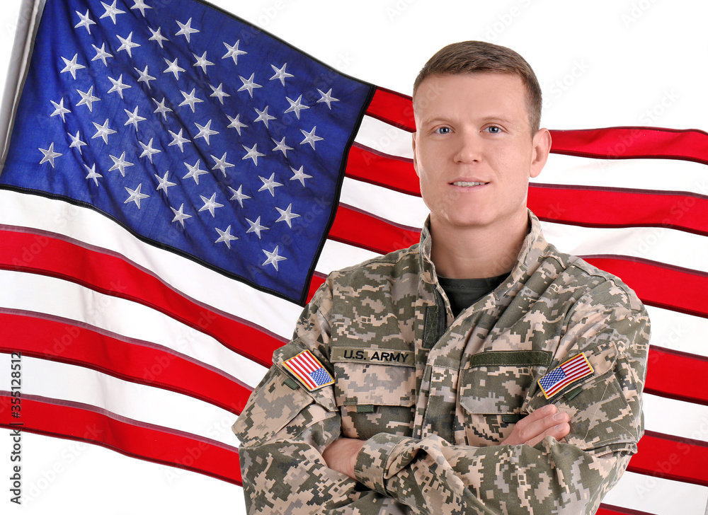 Male soldier and American flag on white background. Military service Male soldier and American flag on white background. Military service