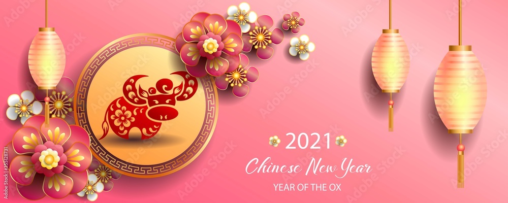 Happy new year 2021 / Chinese new year / Year of the ox / Zodiac sign for greetings card, invitation, posters, brochure, calendar, flyers, banners 