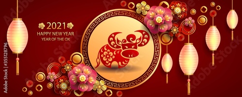 Happy new year 2021 / Chinese new year / Year of the ox / Zodiac sign for greetings card, invitation, posters, brochure, calendar, flyers, banners 