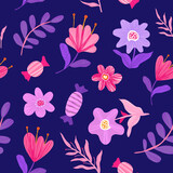 Vector seamless pattern of doodle flowers and hearts. Floral pattern. Spring background.