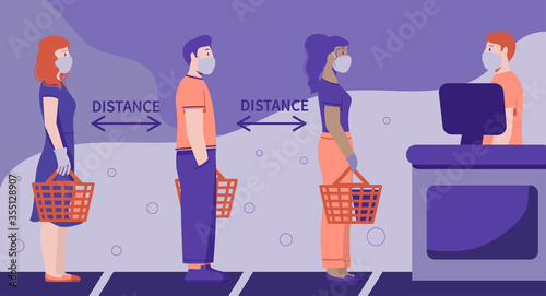 the queue of people waiting behind the line in gloves and masks prevention of coronavirus flat illustration of the rules for preventing the spread of covid-19 and social distance