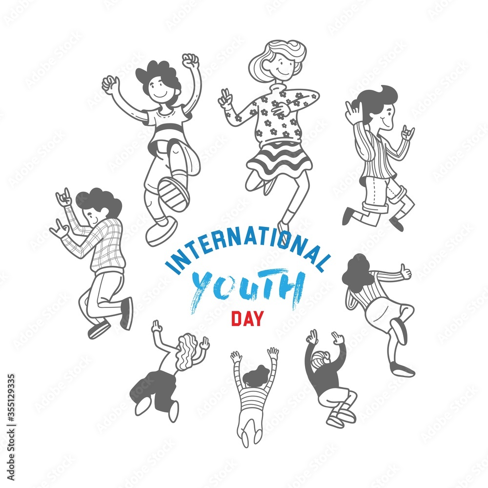 International youth day. August 12. Campaign vector illustration with line drawing jump crowd teen people