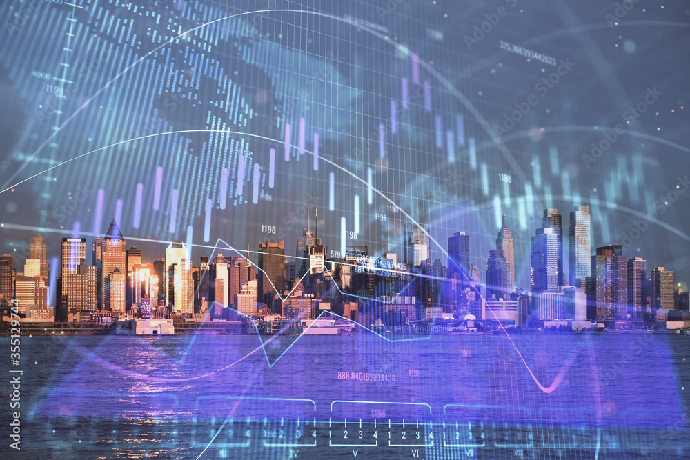 Forex chart on cityscape with tall buildings background multi exposure. Financial research concept. Forex chart on cityscape with tall buildings background multi exposure. Financial research concept.