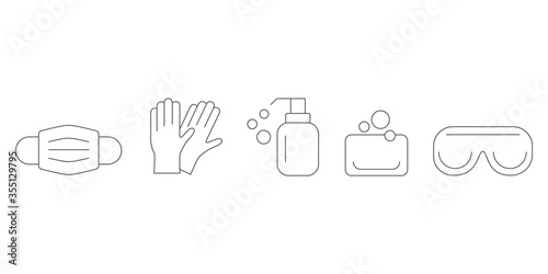 Set of personal protective equipment or personal hygiene. Icons of medical mask, latex gloves, soap, medical safety goggles and sanitizer.