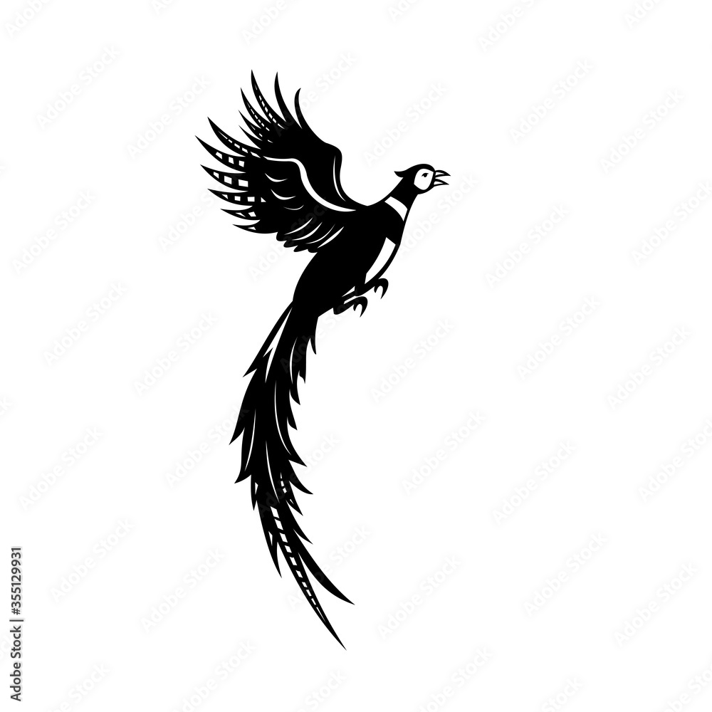 Obraz premium Silhouette of Common or Ring-Necked Pheasant Flying Up Retro Black and White