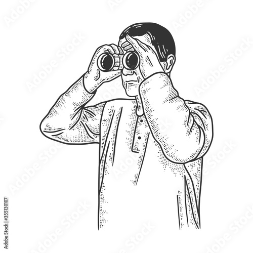 Man looking through binoculars sketch engraving vector illustration. T-shirt apparel print design. Scratch board imitation. Black and white hand drawn image.