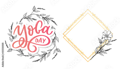 Lettering Yoga. Vector background International Yoga Day. Vector design for poster, T-shirts, bags. Yoga typography. Vector elements for labels, logos, icons, badges.