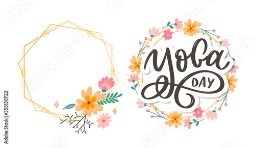Lettering Yoga. Vector background International Yoga Day. Vector design for poster, T-shirts, bags. Yoga typography. Vector elements for labels, logos, icons, badges.