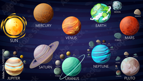 Planets and satellites. Solar system. Vector design. Stock illustration.