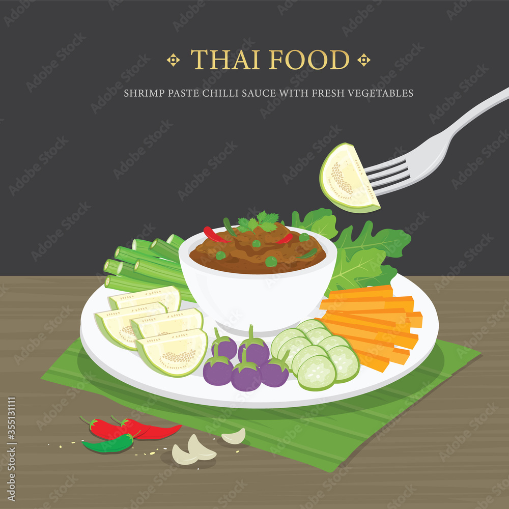 Set of Traditional Thai food, Shrimp Paste Chili Sauce (Nam Prik Ka Pi) with fresh vegetables. Cartoon Vector illustration. - obrazy, fototapety, plakaty 