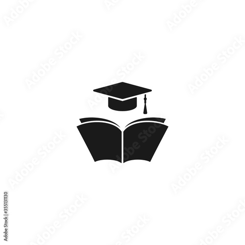 black open book with graduation cap or mortar board. Isolated on white background.