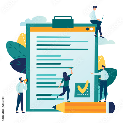 Vector illustration, little people fill out a form, modern concept for web banners, infographics, websites, printed products