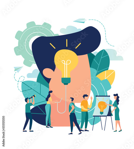 Business concept vector illustration, little people are launching a mechanism to achieve ideas, a light bulb is shining appears an idea, a symbol of creativity, creative ideas, mind, thinking.