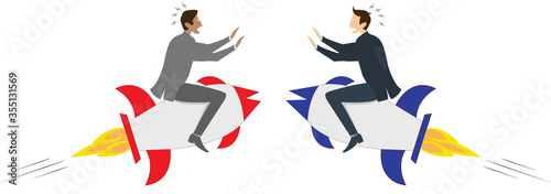 Two businessman on rockets showing concept of startup business competition
