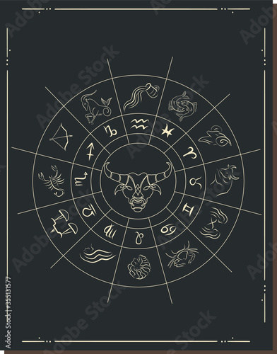Astrology horoscope circle with zodiac signs vector background. Form symbol horoscope calendar, collection zodiacal animals illustration. Zodiac Signs