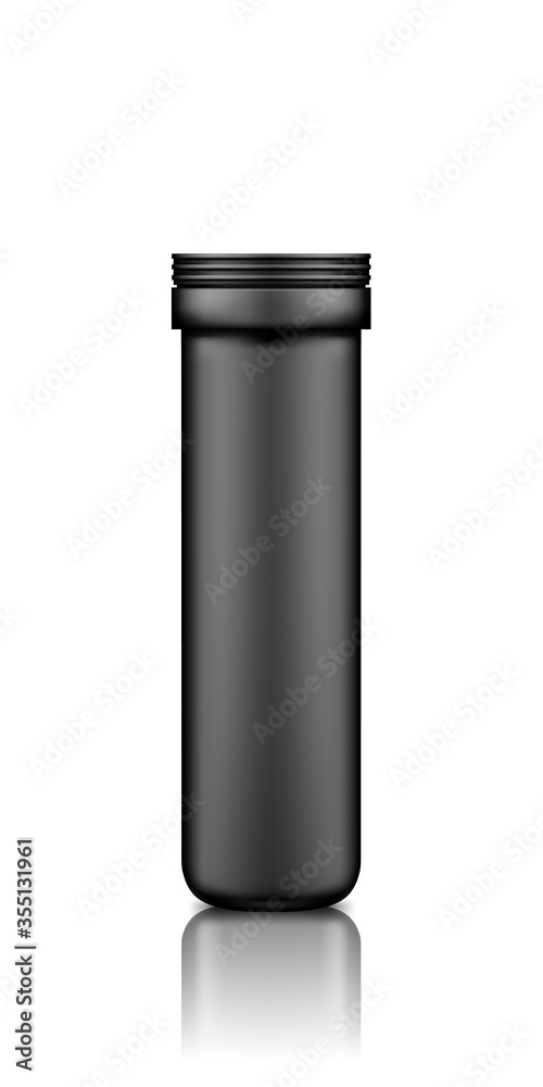 Obraz premium Black vitamin or supplement plastic jar mockup isolated on white background. Packaging design. Blank sport or dietary nutrition, healthcare bottle template. 3d realistic vector illustration