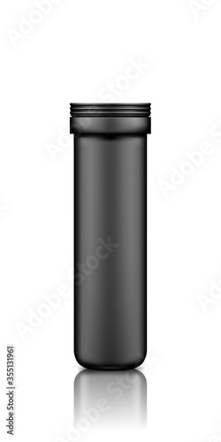 Black vitamin or supplement plastic jar mockup isolated on white background. Packaging design. Blank sport or dietary nutrition, healthcare bottle template. 3d realistic vector illustration