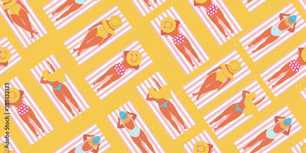 Seamless pattern of women in different swimsuit. Girls in big hat, retro and modern bikini sunbathe on sand. Cute illustration in flat style. Summer time and beach vacation concept. Seamless pattern of women in different swimsuit. Girls in big hat, retro and modern bikini sunbathe on sand. Cute illustration in flat style. Summer time and beach vacation concept.