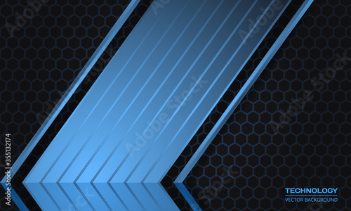 Blue metallic arrow on a dark abstract hexagonal grid background. Luxury overlap direction design. Modern futuristic blue and dark gray honeycomb backdrop. Vector illustration EPS10.