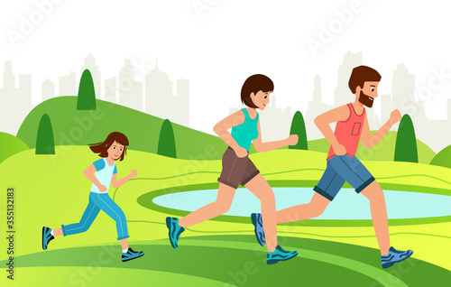 Family Jogging Exercise Together in park. Active Lifestyle and World Health Day. Parents with Children Doing Running and Training. Vector illustration.