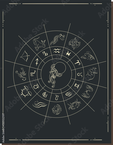Astrology horoscope circle with zodiac signs vector background. Form symbol horoscope calendar, collection zodiacal animals illustration. Zodiac Signs