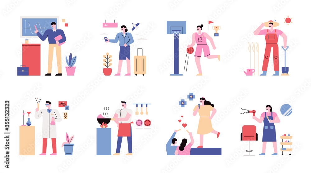 Characters and icons of various professions.