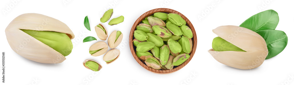 pistachio with leaves isolated on white background with clipping path and full depth of field. Set r collection pistachio with leaves isolated on white background with clipping path and full depth of field. Set r collection