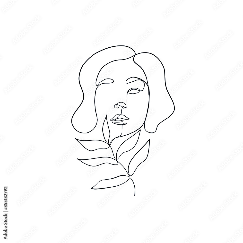 Linear female beauty simple face. Botanical element. Graphic leaf. Minimal logo. Vector icon design. Continuous line drawing. Woman portrait. Glamour vogue concept. 