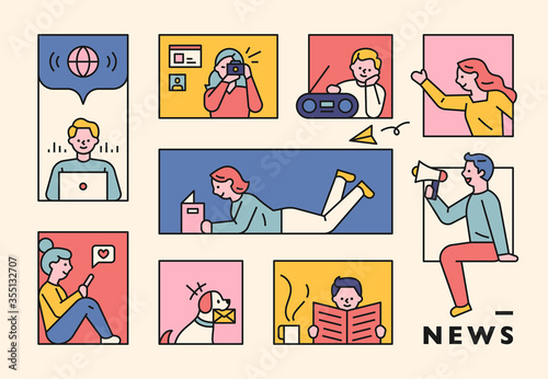 People are notifying and receiving news through various media. flat design style minimal vector illustration.