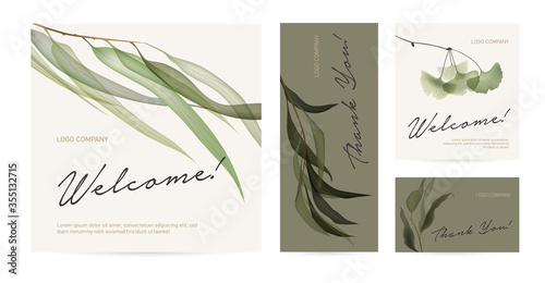 A set of postcard with the words of gratitude. Design template of business cards or banners with green leaves for the hotel, beauty salon, spa, restaurant, club. Vector illustration