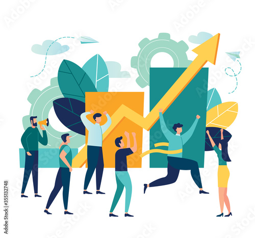 Vector business illustration, leadership qualities in a creative team, direction to a successful path, overcoming obstacles on the way to success, high level of work, the team rejoices the winner