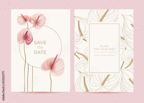 Wedding invitation in the botanical style. Pink anthurium flowers on a delicate background. Background for the invitation, shop, beauty salon, spa. photo