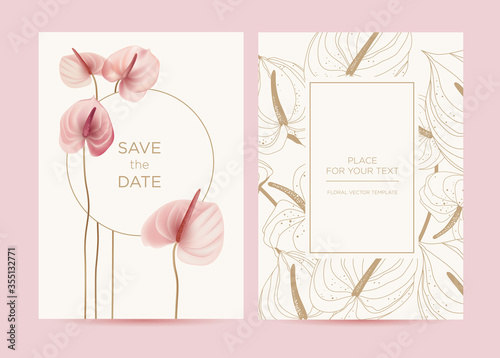 Wedding invitation in the botanical style. Pink anthurium flowers on a delicate background. Background for the invitation, shop, beauty salon, spa.