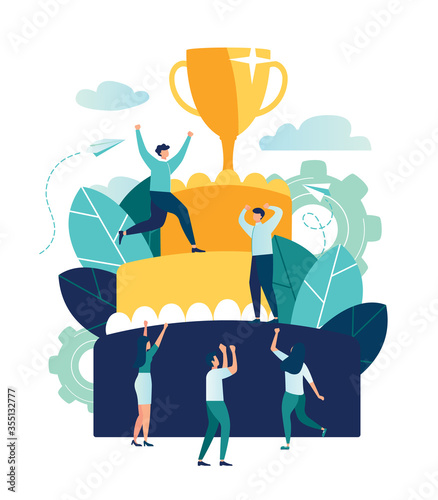 Vector business illustration, leadership qualities in a creative team, direction to a successful path, little people standing on a large cake are happy for the winner, a successful career path, a corp