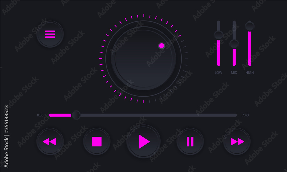 Modern audio player interface. Dark color audio player control panel