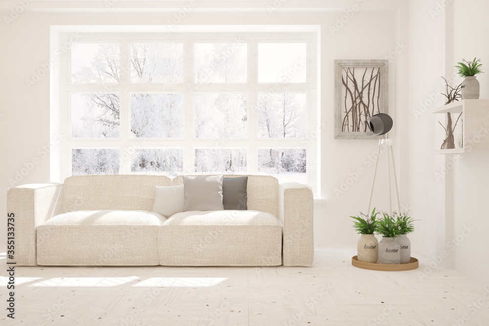White stylish minimalist room with sofa and winter landscape in window. Scandinavian interior design. 3D illustration White stylish minimalist room with sofa and winter landscape in window. Scandinavian interior design. 3D illustration
